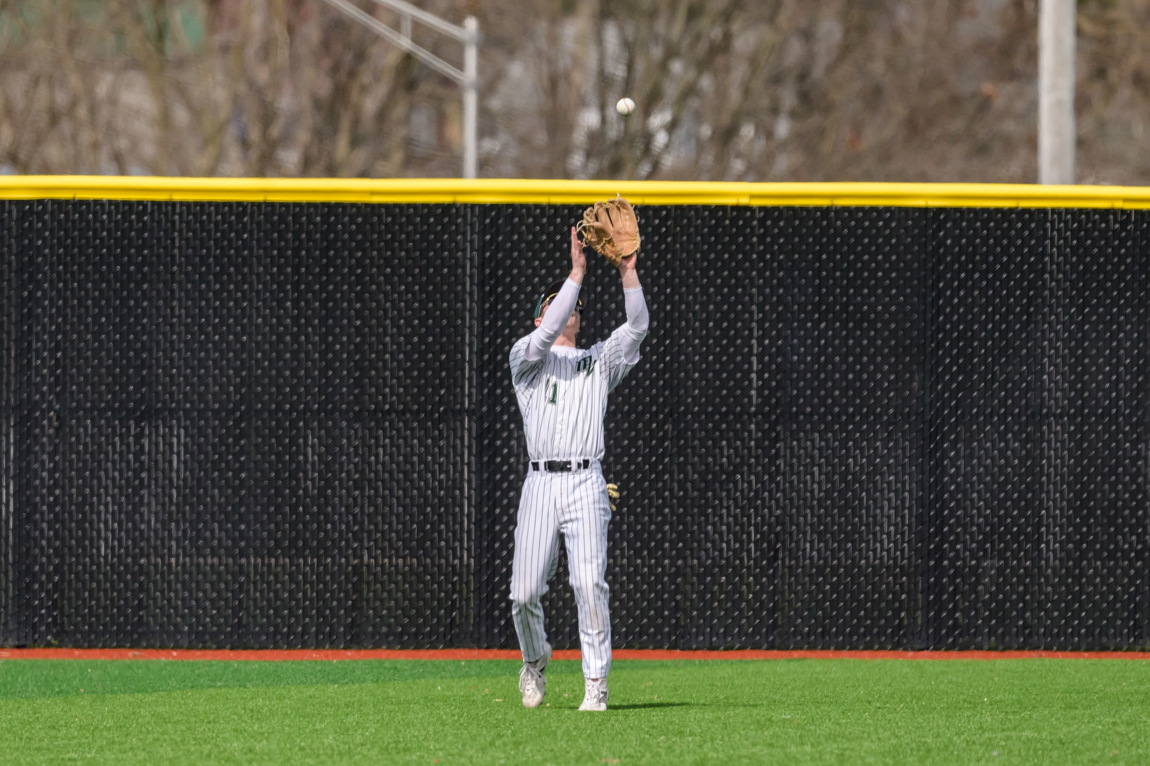 Hawks player catching a fly ball.