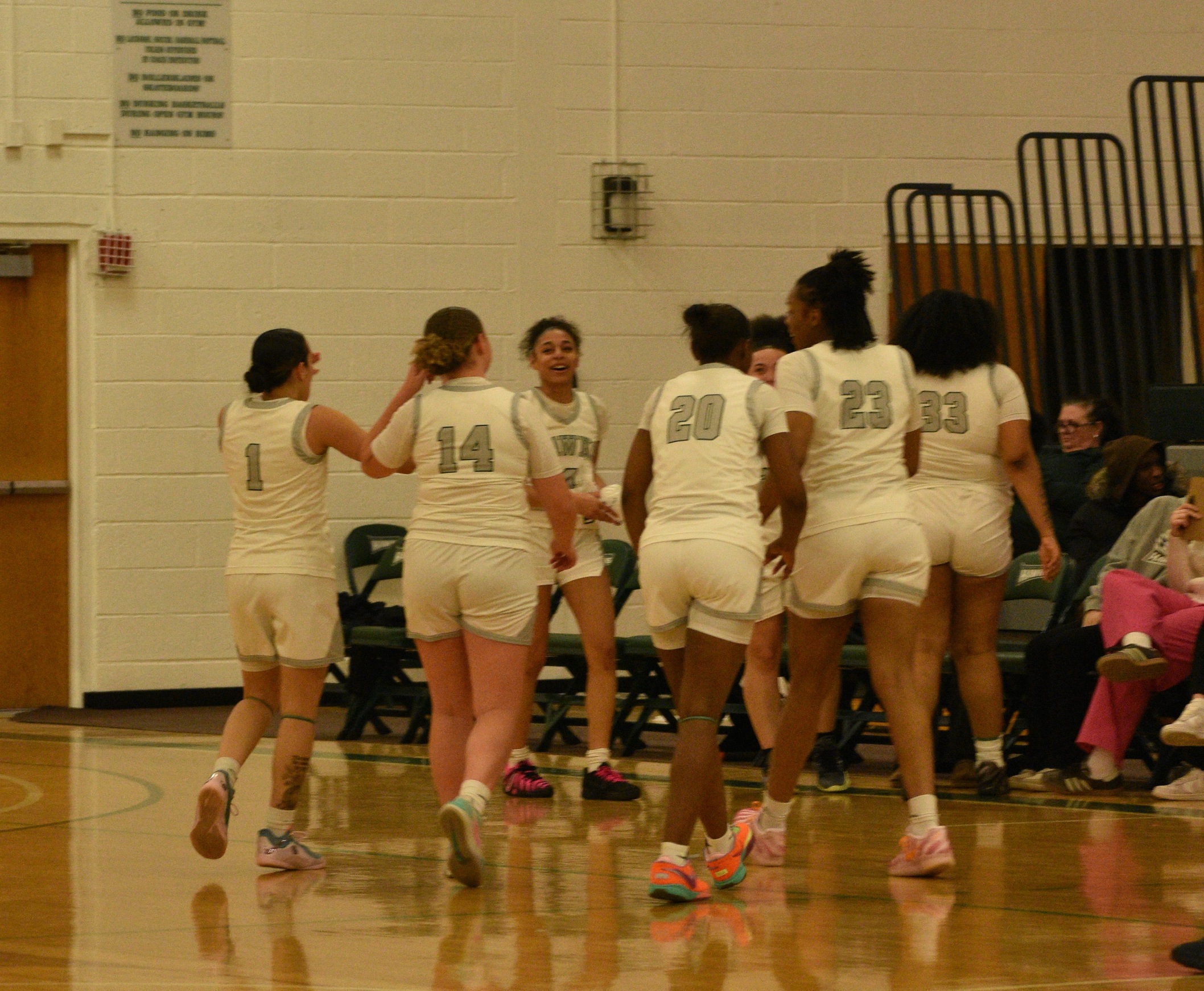 Women's Basketball team huddles during a timeout.