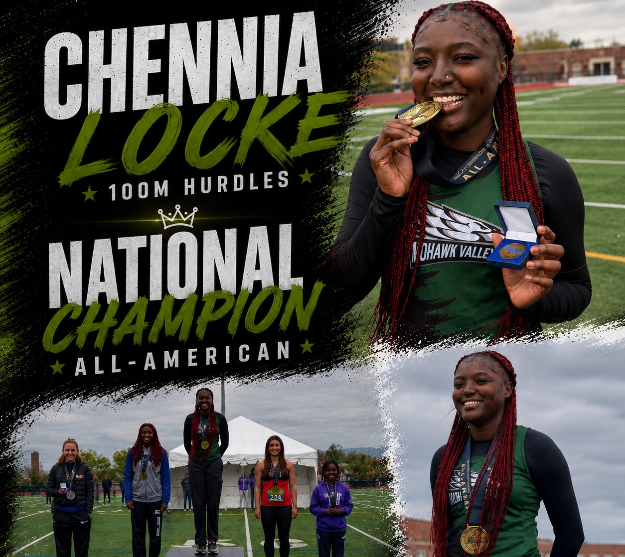 Chennia Locke standing at podium winning 1st place.
